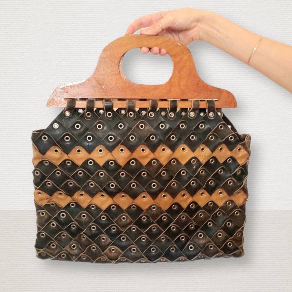 Leather Goth Steampunk Armor Handbag Wood Handles